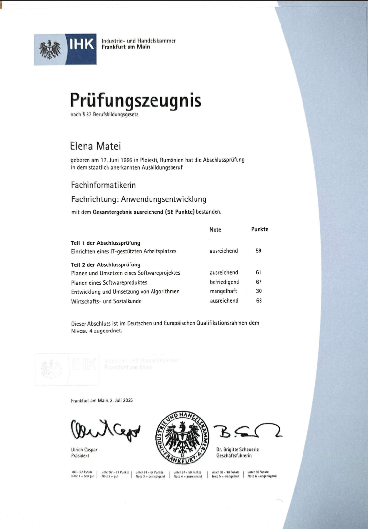 Prüfungszeugnis IHK